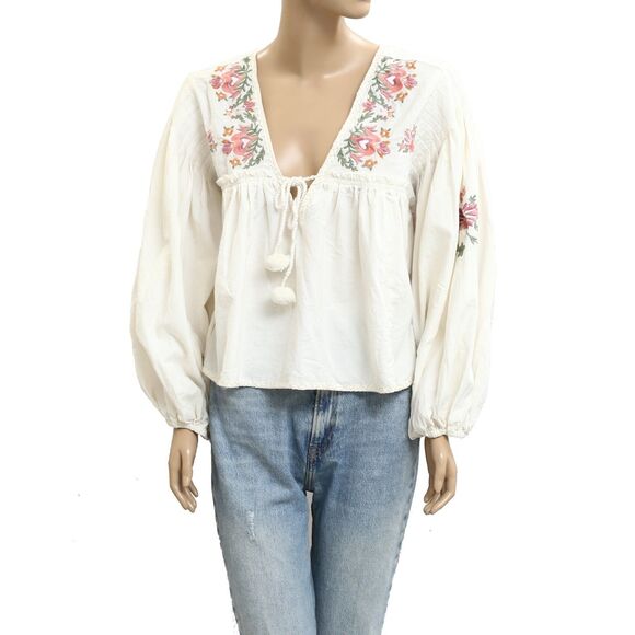 Free People Lucia Blouse Top Floral Embroidered Cotton Balloon Sleeve S 283596 - Picture 5 of 8